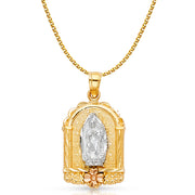 14K Gold Guadalupe Charm Pendant with 1.5mm Flat Open Wheat Chain Necklace