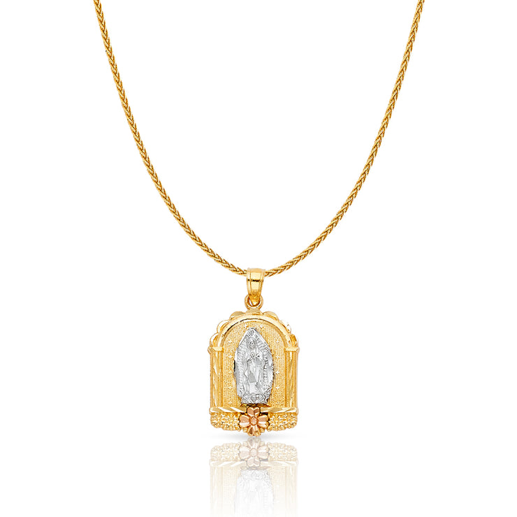 14K Gold Guadalupe Charm Pendant with 1.1mm Wheat Chain Necklace