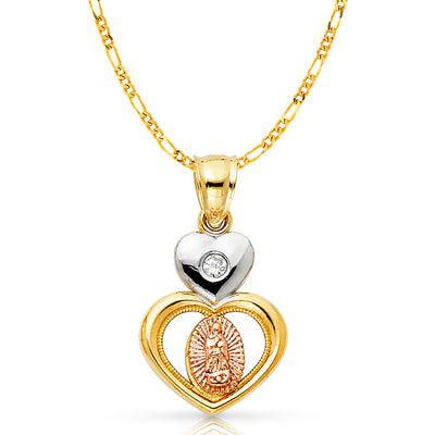 14K Gold CZ Guadalupe Charm Pendant with 2.3mm Figaro 3+1 Chain Necklace