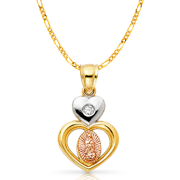 14K Gold CZ Guadalupe Charm Pendant with 2.3mm Figaro 3+1 Chain Necklace