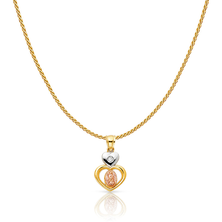 14K Gold CZ Guadalupe Charm Pendant with 0.9mm Wheat Chain Necklace