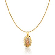 14K Gold Guadalupe Charm Pendant with 0.9mm Wheat Chain Necklace