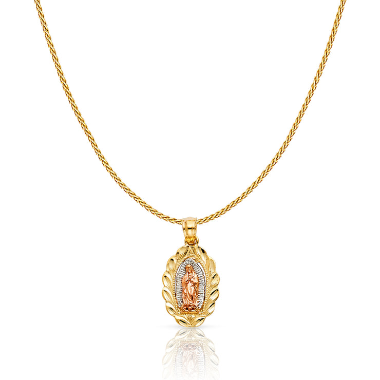 14K Gold Guadalupe Charm Pendant with 0.9mm Wheat Chain Necklace