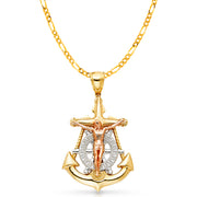 14K Gold Crucifix Anchor Charm Pendant with 3.8mm Figaro 3+1 Chain Necklace