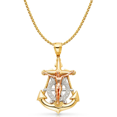 14K Gold Crucifix Anchor Charm Pendant with 2mm Flat Open Wheat Chain Necklace