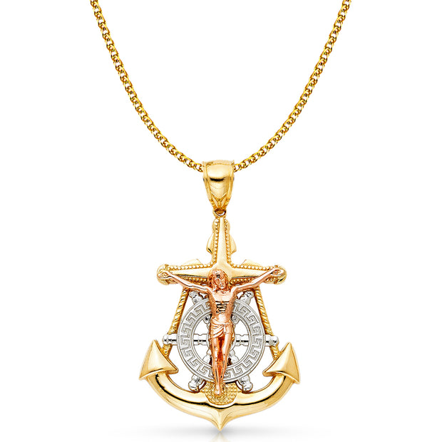 14K Gold Crucifix Anchor Charm Pendant with 2mm Flat Open Wheat Chain Necklace