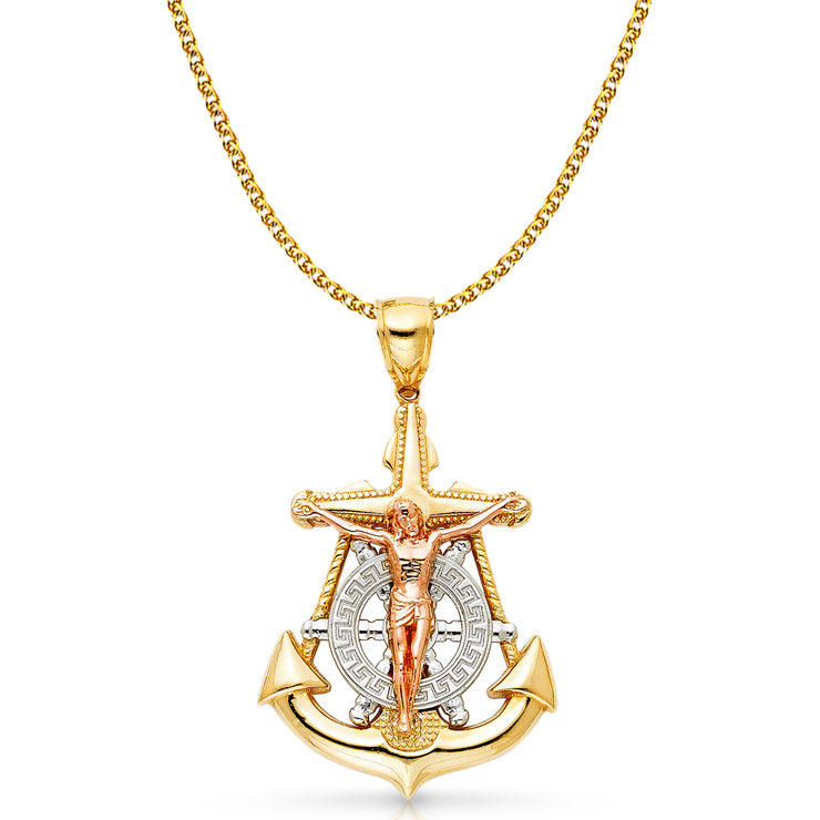 14K Gold Crucifix Anchor Charm Pendant with 2mm Flat Open Wheat Chain Necklace