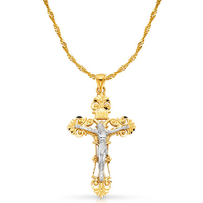 14K Gold Crucifix Charm Pendant with 1.8mm Singapore Chain Necklace