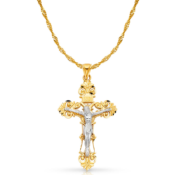 14K Gold Crucifix Charm Pendant with 1.8mm Singapore Chain Necklace