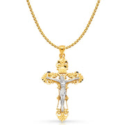 14K Gold Crucifix Charm Pendant with 2mm Flat Open Wheat Chain Necklace