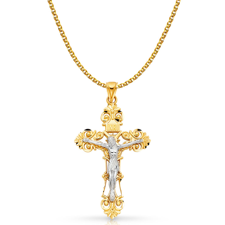 14K Gold Crucifix Charm Pendant with 2mm Flat Open Wheat Chain Necklace