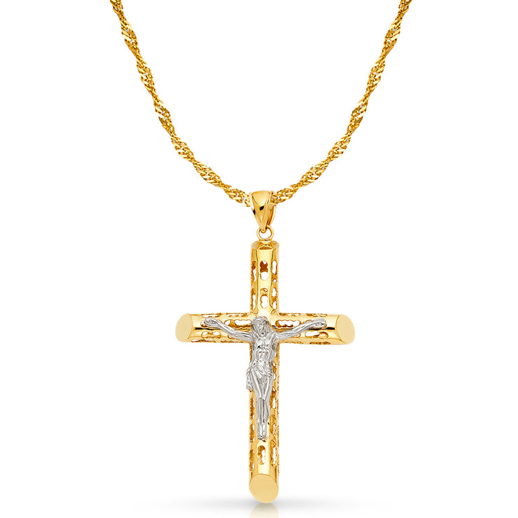 14K Gold Crucifix Charm Pendant with 1.8mm Singapore Chain Necklace