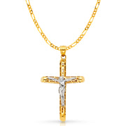 14K Gold Crucifix Charm Pendant with 3.1mm Figaro 3+1 Chain Necklace