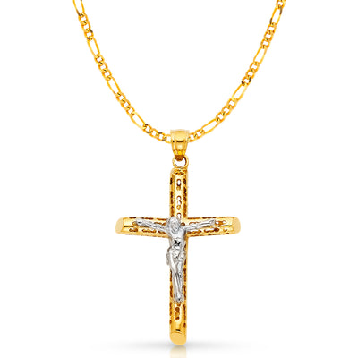 14K Gold Crucifix Charm Pendant with 3.1mm Figaro 3+1 Chain Necklace