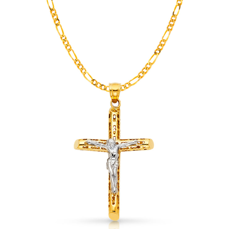 14K Gold Crucifix Charm Pendant with 3.1mm Figaro 3+1 Chain Necklace