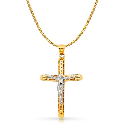 14K Gold Crucifix Charm Pendant with 1.7mm Flat Open Wheat Chain Necklace