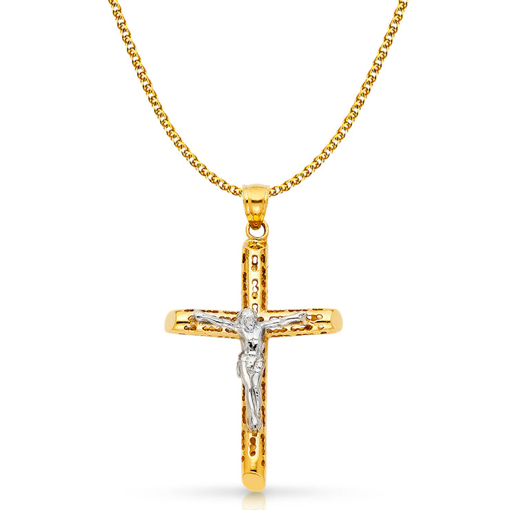 14K Gold Crucifix Charm Pendant with 1.7mm Flat Open Wheat Chain Necklace