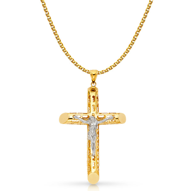 14K Gold Crucifix Charm Pendant with 2mm Flat Open Wheat Chain Necklace