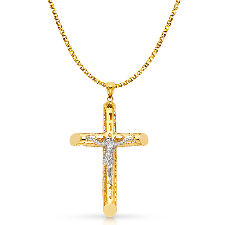 14K Gold Crucifix Charm Pendant with 2mm Flat Open Wheat Chain Necklace