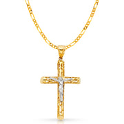 14K Gold Crucifix Charm Pendant with 3.1mm Figaro 3+1 Chain Necklace