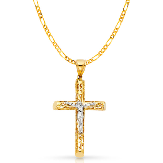 14K Gold Crucifix Charm Pendant with 3.1mm Figaro 3+1 Chain Necklace