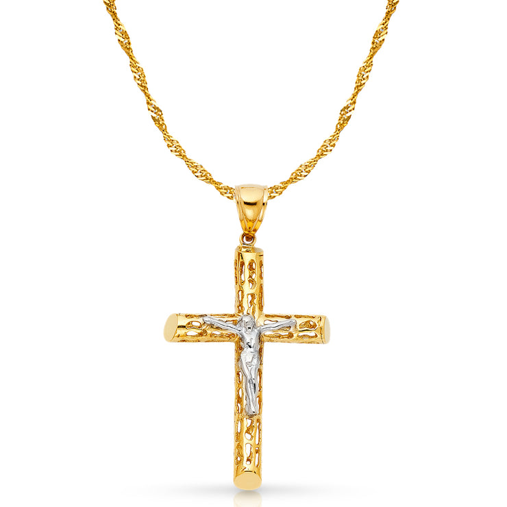 14K Gold Crucifix Charm Pendant with 1.8mm Singapore Chain Necklace