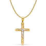 14K Gold Crucifix Charm Pendant with 2mm Flat Open Wheat Chain Necklace