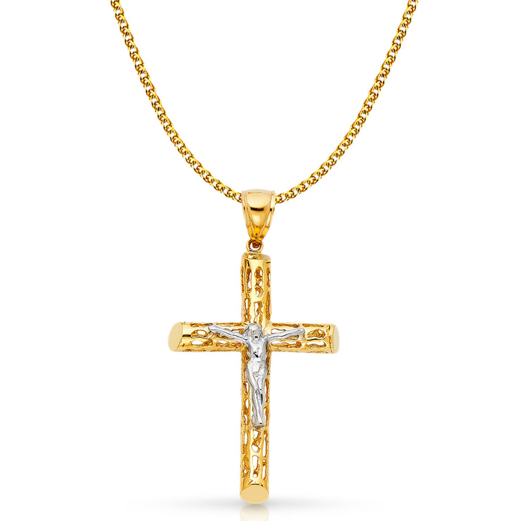 14K Gold Crucifix Charm Pendant with 2mm Flat Open Wheat Chain Necklace