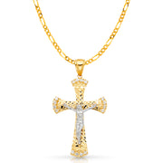 14K Gold CZ Crucifix Charm Pendant with 3.1mm Figaro 3+1 Chain Necklace