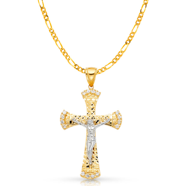 14K Gold CZ Crucifix Charm Pendant with 3.1mm Figaro 3+1 Chain Necklace