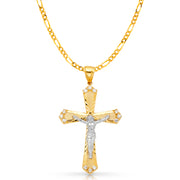 14K Gold CZ Crucifix Charm Pendant with 3.1mm Figaro 3+1 Chain Necklace