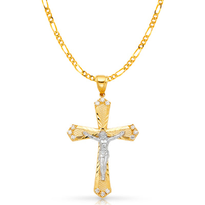 14K Gold CZ Crucifix Charm Pendant with 3.1mm Figaro 3+1 Chain Necklace