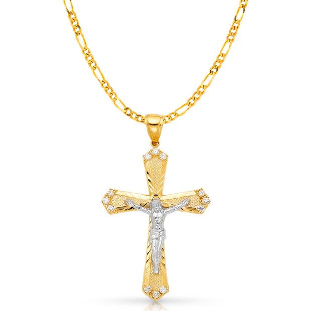 14K Gold CZ Crucifix Charm Pendant with 3.1mm Figaro 3+1 Chain Necklace