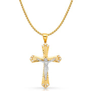 14K Gold CZ Crucifix Charm Pendant with 2mm Flat Open Wheat Chain Necklace