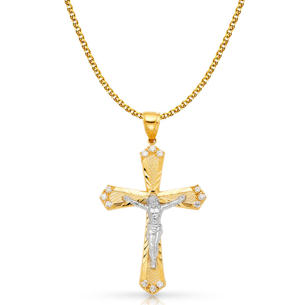 14K Gold CZ Crucifix Charm Pendant with 2mm Flat Open Wheat Chain Necklace