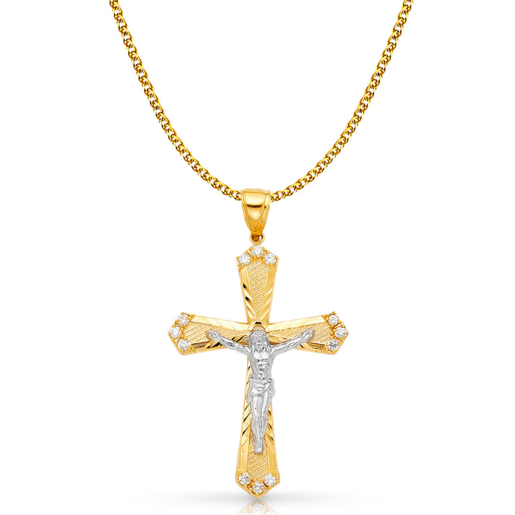 14K Gold CZ Crucifix Charm Pendant with 2mm Flat Open Wheat Chain Necklace