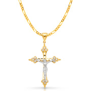 14K Gold CZ Crucifix Charm Pendant with 3.1mm Figaro 3+1 Chain Necklace