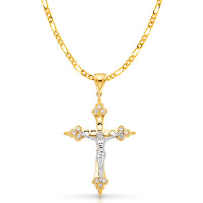 14K Gold CZ Crucifix Charm Pendant with 3.1mm Figaro 3+1 Chain Necklace