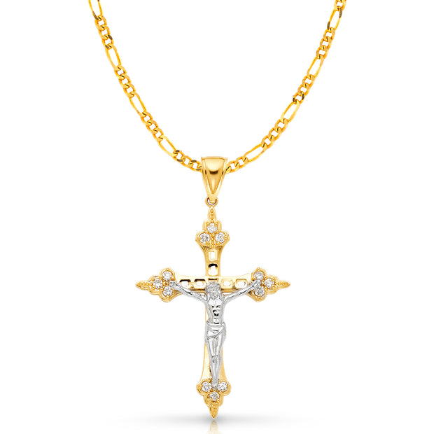 14K Gold CZ Crucifix Charm Pendant with 3.1mm Figaro 3+1 Chain Necklace