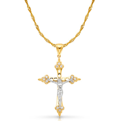 14K Gold CZ Crucifix Charm Pendant with 1.8mm Singapore Chain Necklace