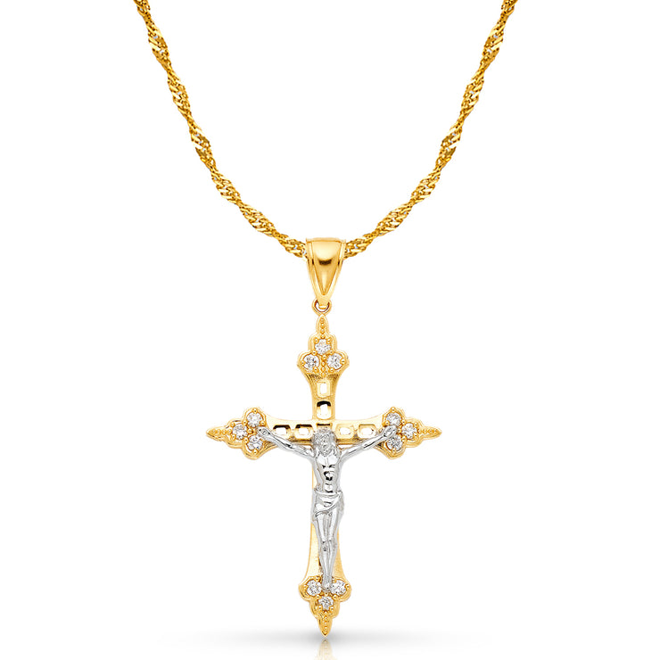 14K Gold CZ Crucifix Charm Pendant with 1.8mm Singapore Chain Necklace