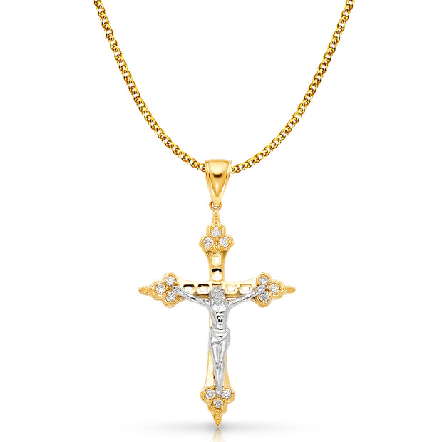 14K Gold CZ Crucifix Charm Pendant with 2mm Flat Open Wheat Chain Necklace