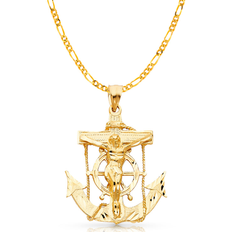 14K Gold Mariner Crucifix Charm Pendant with 3.8mm Figaro 3+1 Chain Necklace