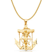 14K Gold Mariner Crucifix Charm Pendant with 2mm Flat Open Wheat Chain Necklace