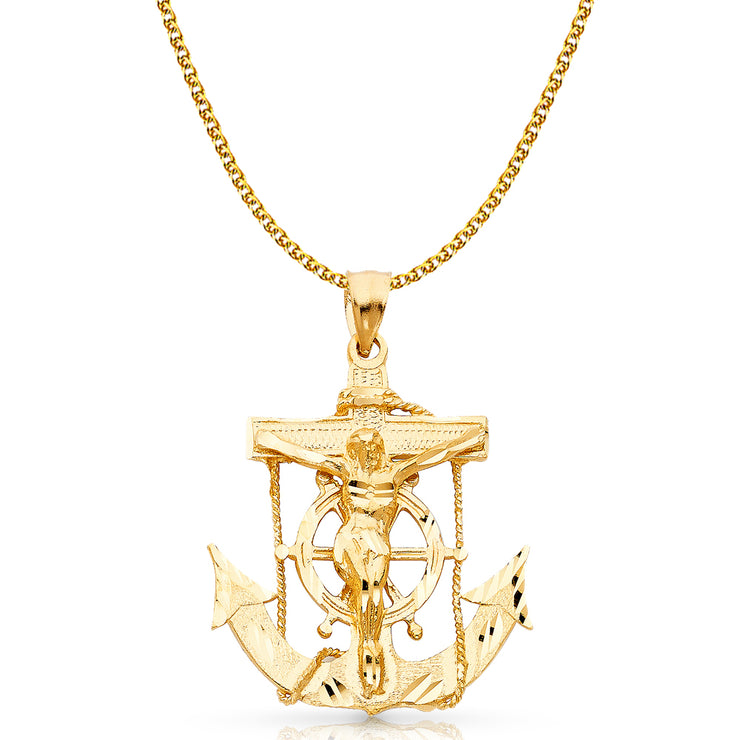 14K Gold Mariner Crucifix Charm Pendant with 2mm Flat Open Wheat Chain Necklace