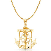 14K Gold Mariner Crucifix Charm Pendant with 2mm Flat Open Wheat Chain Necklace