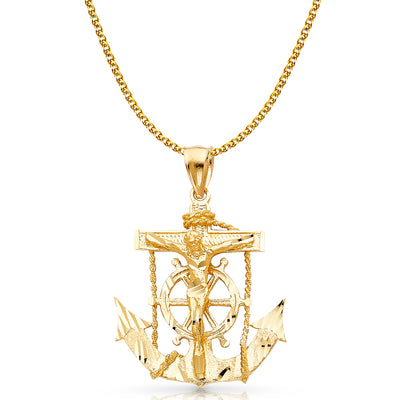 14K Gold Mariner Crucifix Charm Pendant with 2mm Flat Open Wheat Chain Necklace