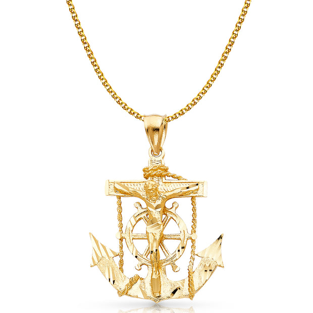 14K Gold Mariner Crucifix Charm Pendant with 2mm Flat Open Wheat Chain Necklace