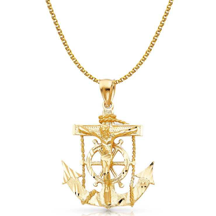 14K Gold Mariner Crucifix Charm Pendant with 2mm Flat Open Wheat Chain Necklace