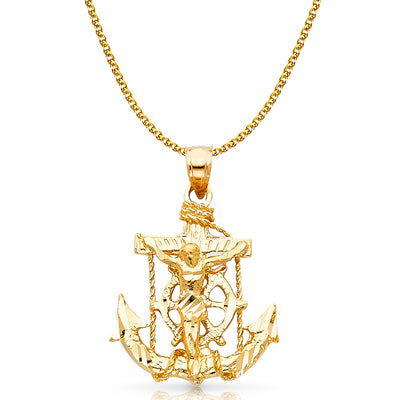 14K Gold Mariner Crucifix Charm Pendant with 1.7mm Flat Open Wheat Chain Necklace